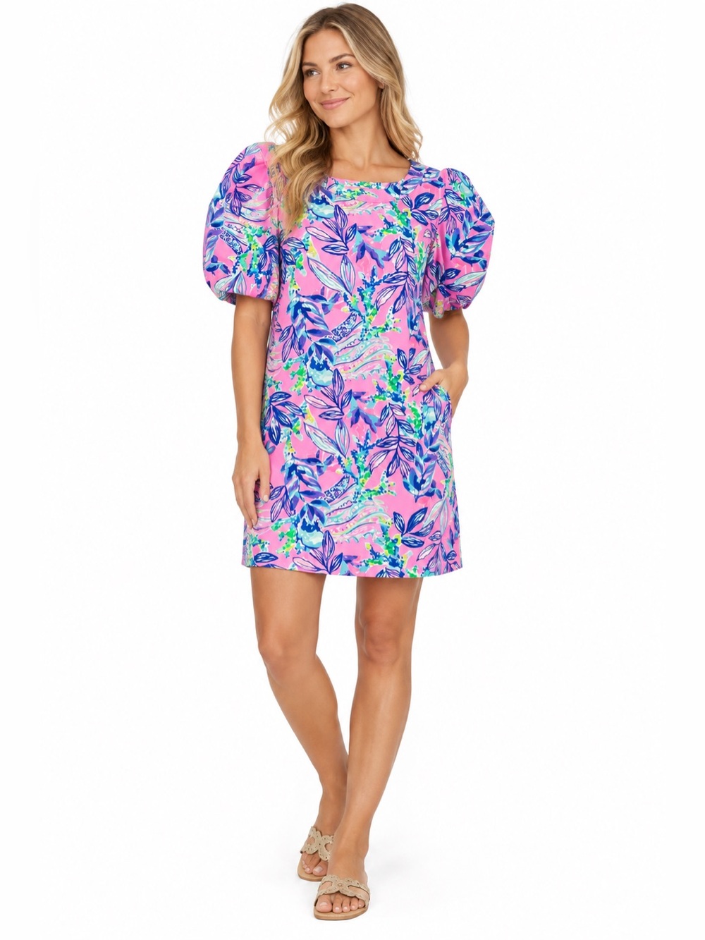 Lilly Pulitzer Harriet Dress Womens Large Floral Puff Sleeve NWT Preppy Resort